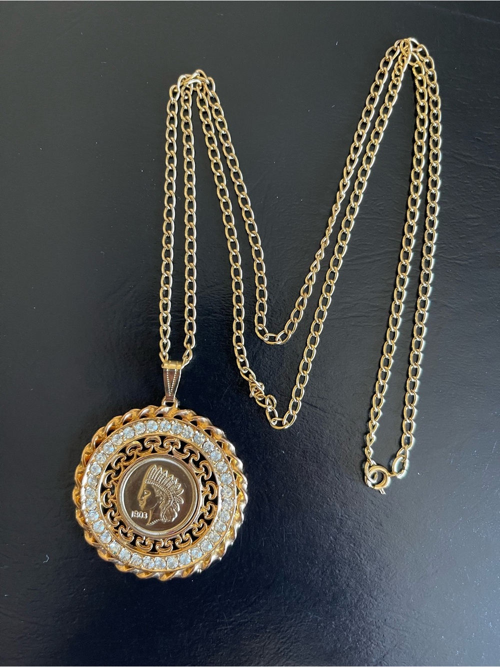 Vintage Gold-Tone faux Coin Pendant Necklace with Crystal Halo